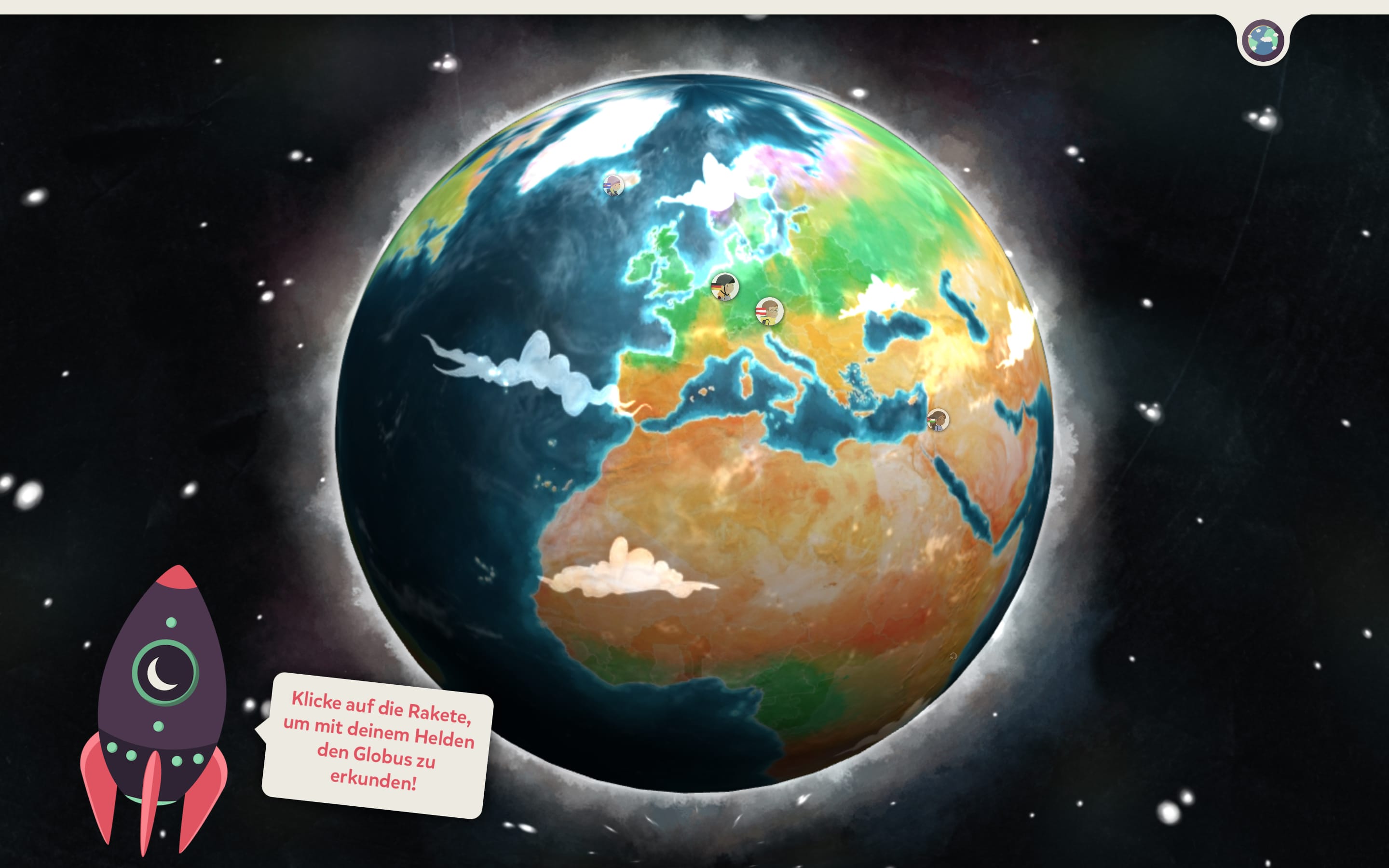 Screenshot of an interactive 3D globe with country pins