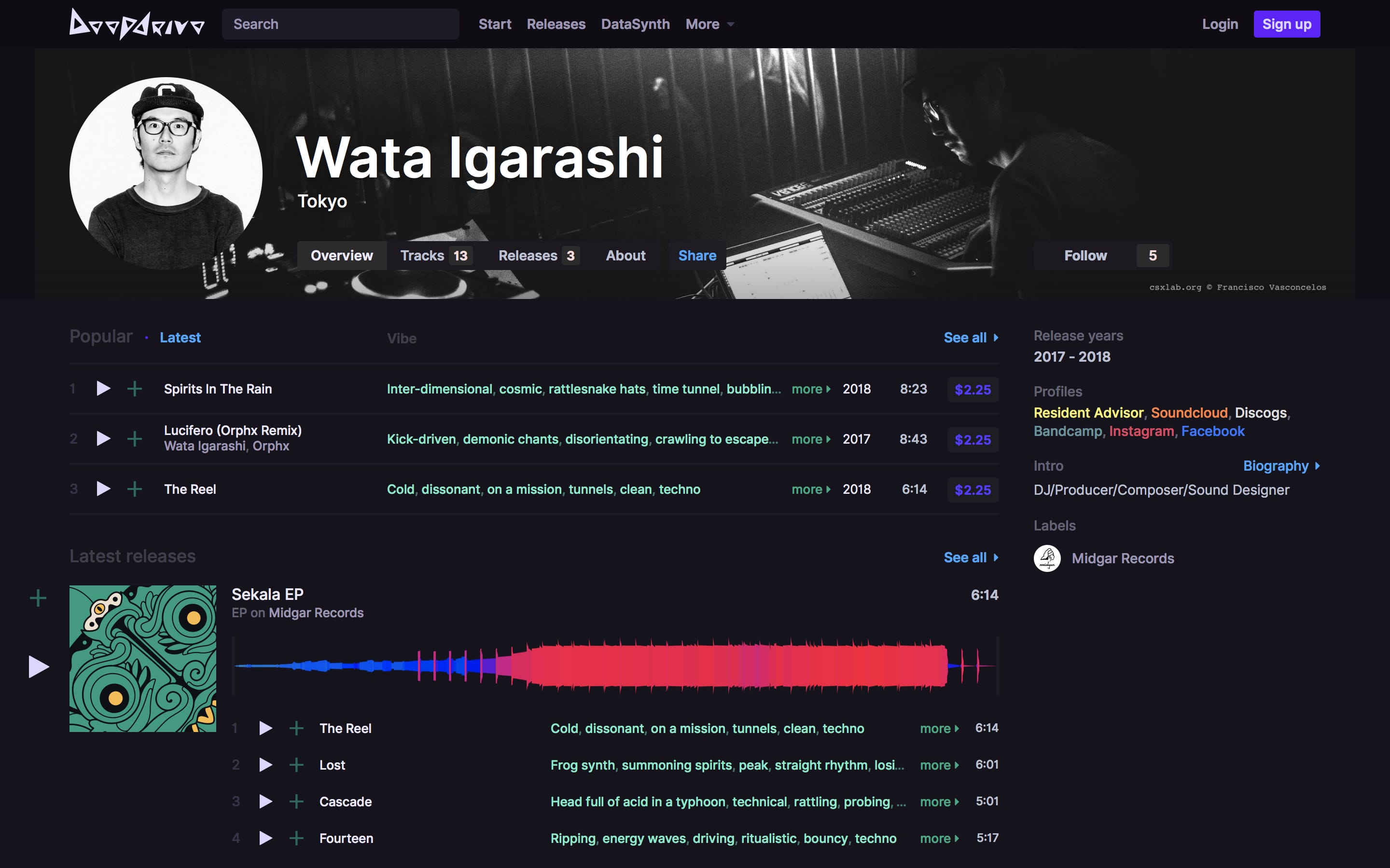 Screenshot of an artist page on Deepdrive