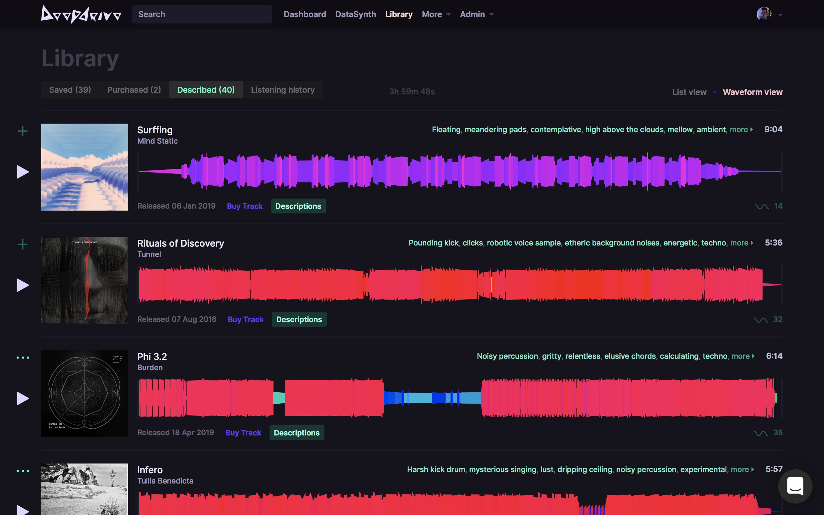 Screenshot of a user's music library on Deepdrive
