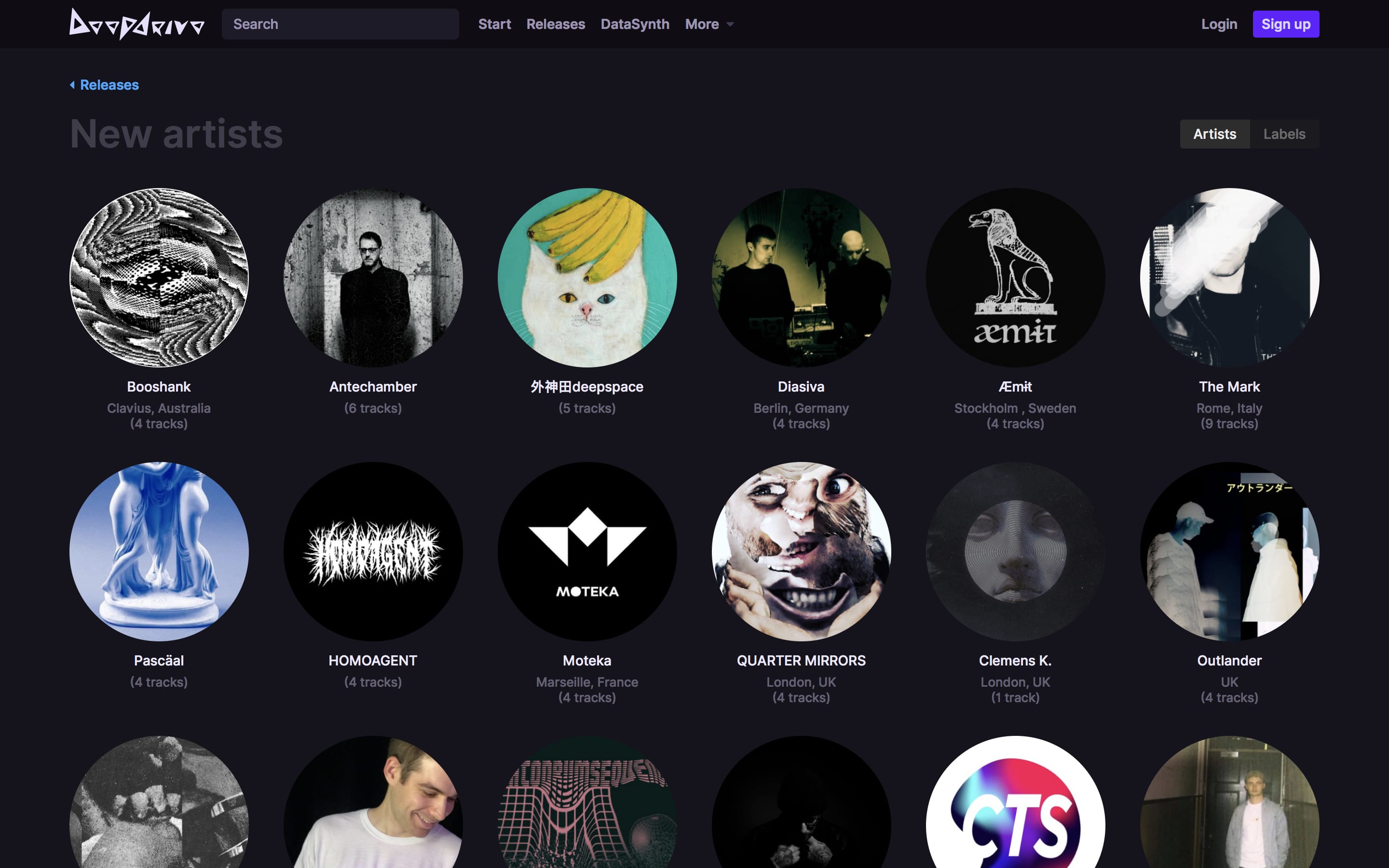 Screenshot of the new artists page on Deepdrive